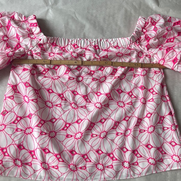 Lilly Pulitzer Razberry Botanical Chiffon Eyelet Lesley Off the Shoulder Blouse - Picture 11 of 11
